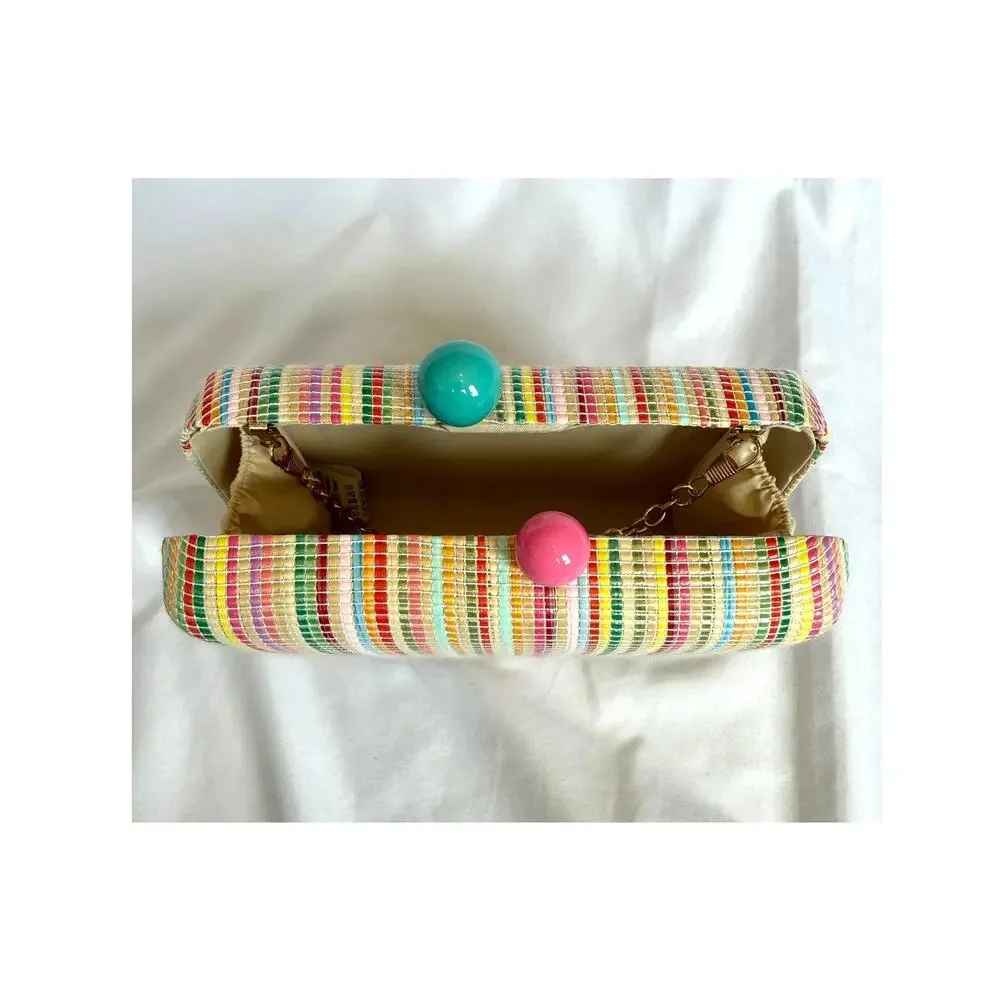 Shiraleah August Minaudiere Crossbody Box Clutch, Teal Pink Spring Stripe Twee - Picture 7 of 7